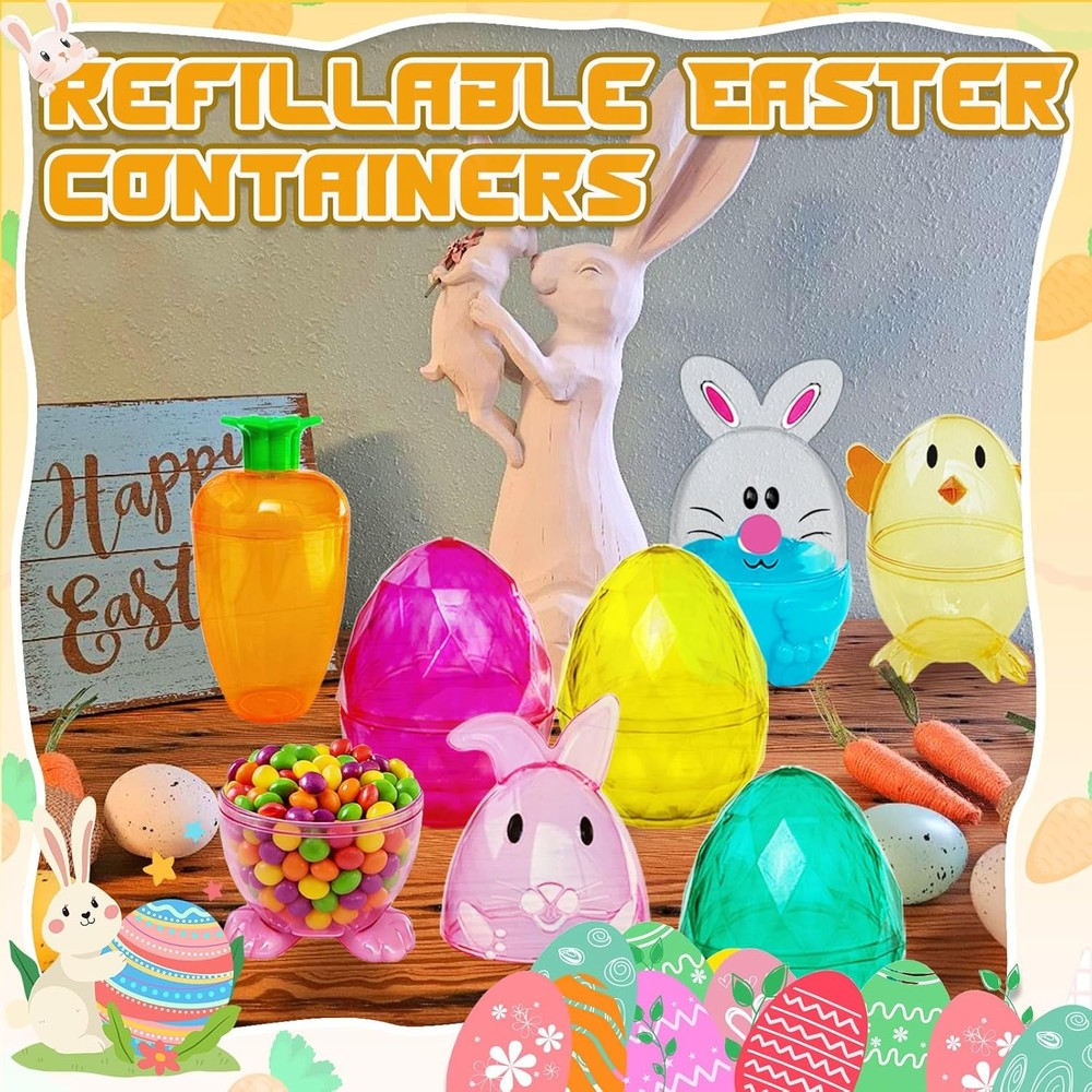 12 Pcs Fillable Easter Eggs Containers,Plastic Carrot Bunny Chick Shaped Easter