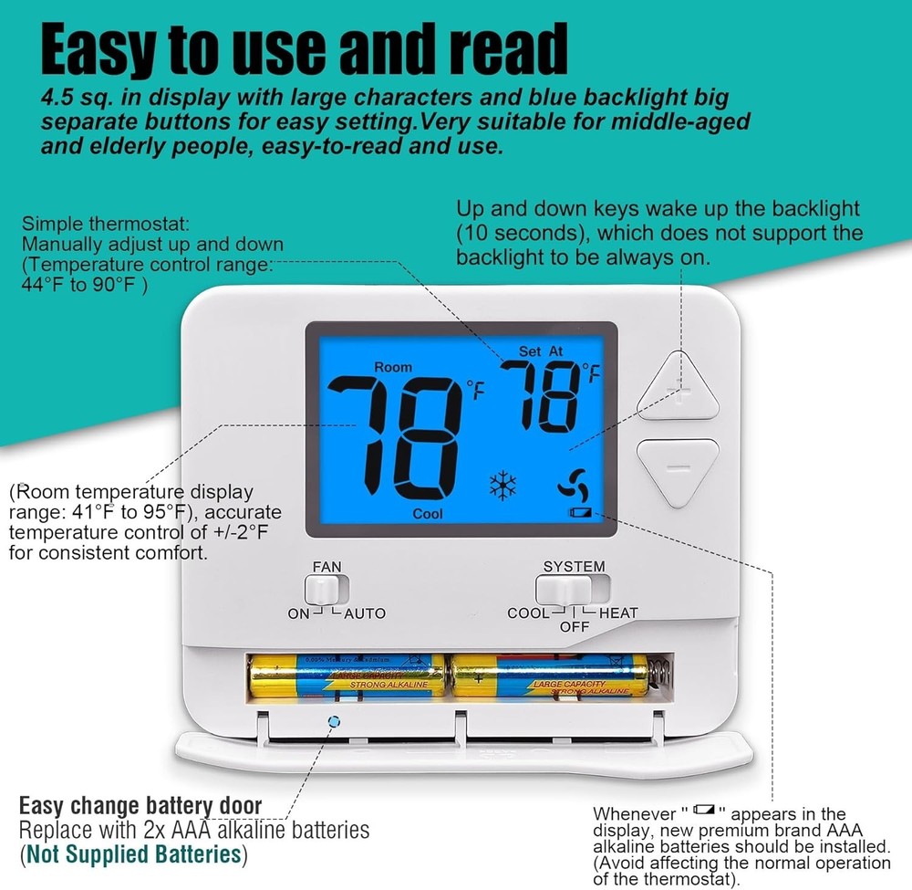 User-Friendly Non-Programmable Thermostat for Single-Stage Heating & Cooling