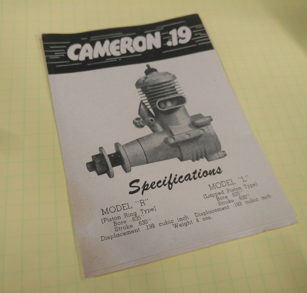 CAMERON 19 Model Airplane Engine original Brochure manual Excellent Condition