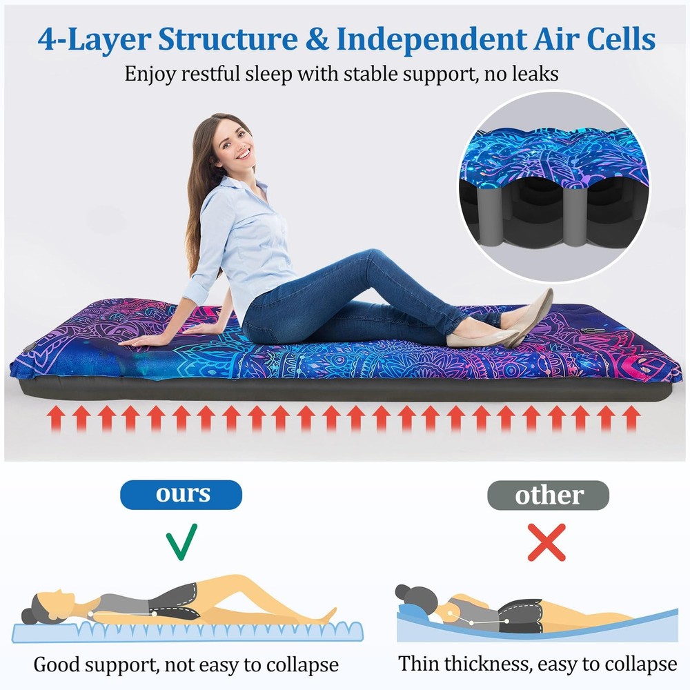Camping Sleeping Pad Extra Thick 5 Inch Inflatable Camping Pad with Pillow Sl...