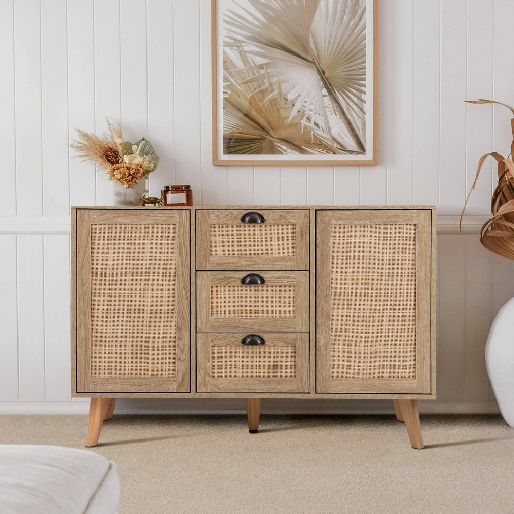 Buffet Sideboard Rattan Cabinet Storage w/ 3 Drawers 2 Doors Kitchen Dining Room