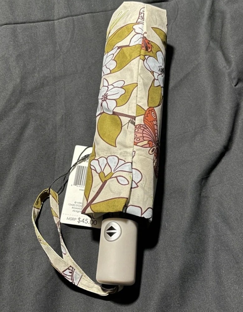 Vera Bradley Compact Automatic Umbrella Floral Butterfly Pattern Beige White Red
