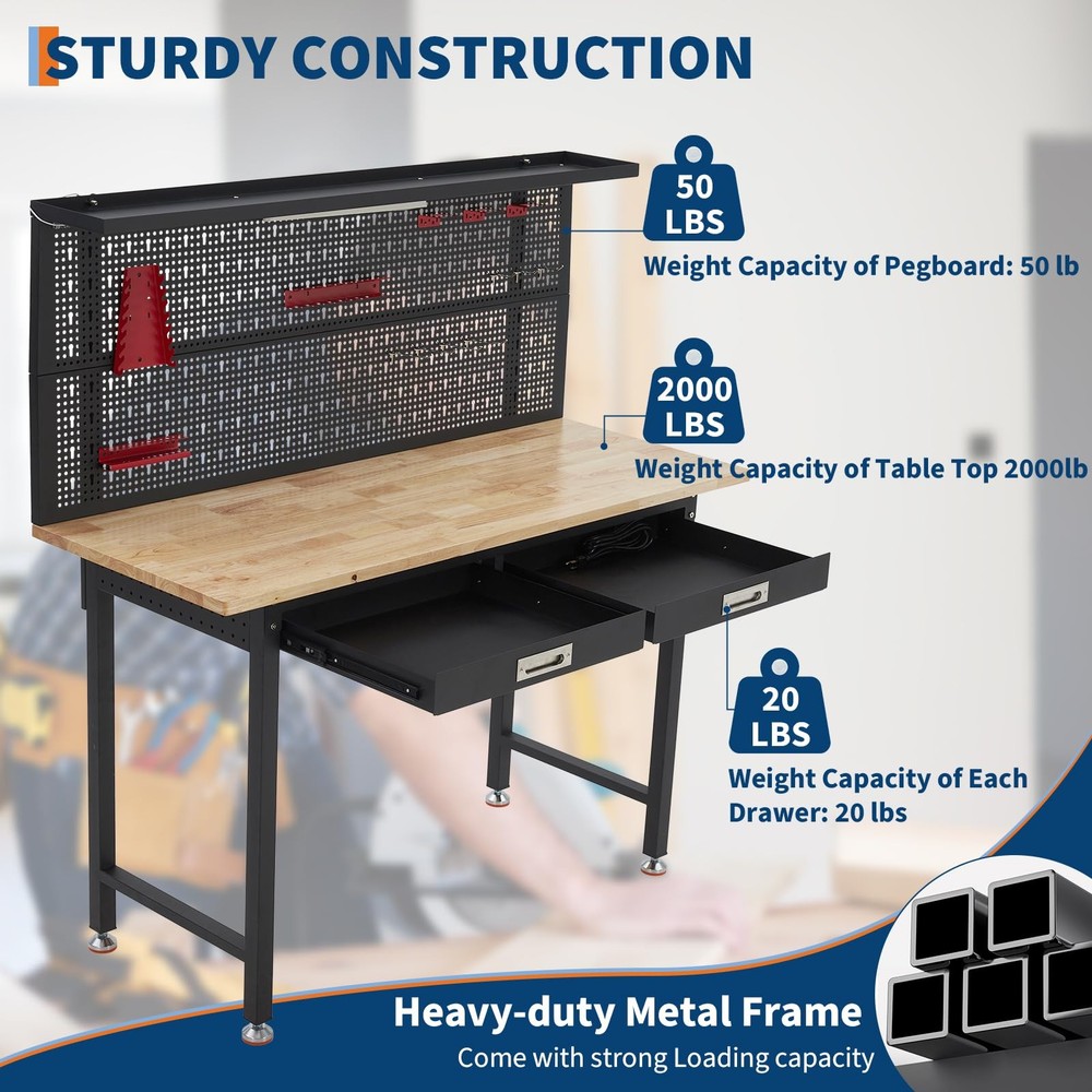 60" Heavy Duty Workbench w/Storage Drawers & Pegboard, 2000Lbs Garage Work Bench