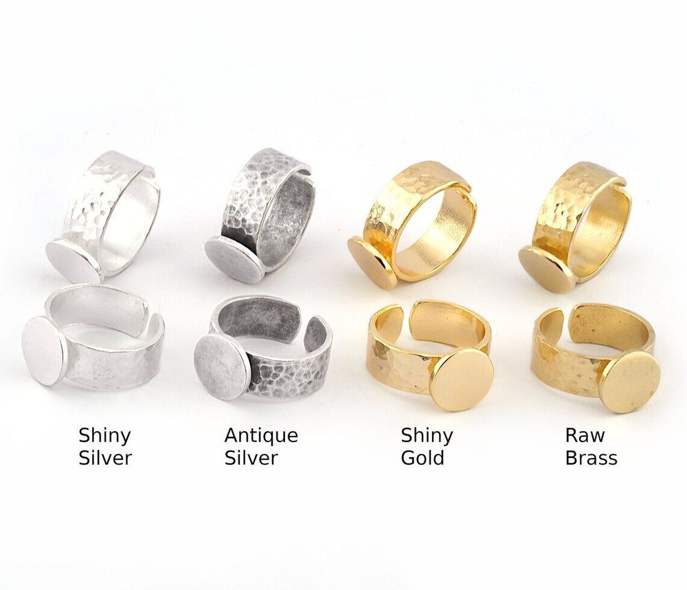 Band Ring Hammered Round Blank Adjustable Raw,Shiny Silver-Gold  12mm Blank 5491