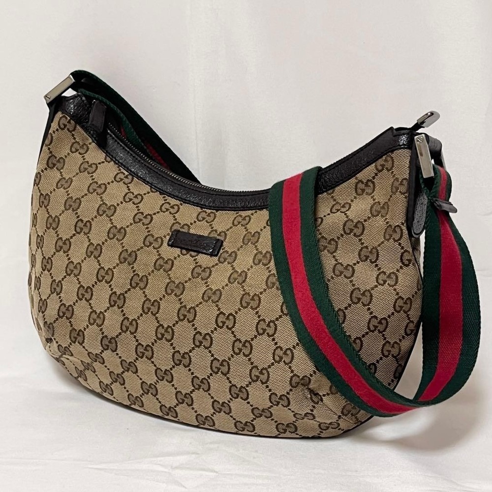 Gucci GG Canvas Web Stripe Shoulder Bag Beige Canvas Authentic