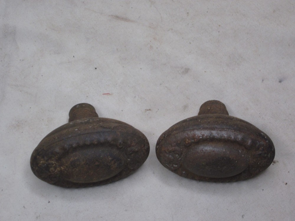 2 ornate antique oval door handles knobs rusty old knob handle pair
