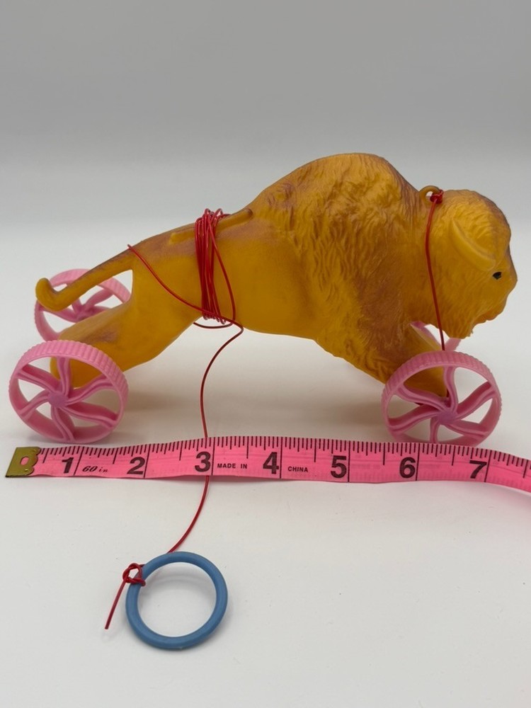 Vintage Bison Pull Toy On Wheels Plastic Buffalo Toy 7” Ring Pull