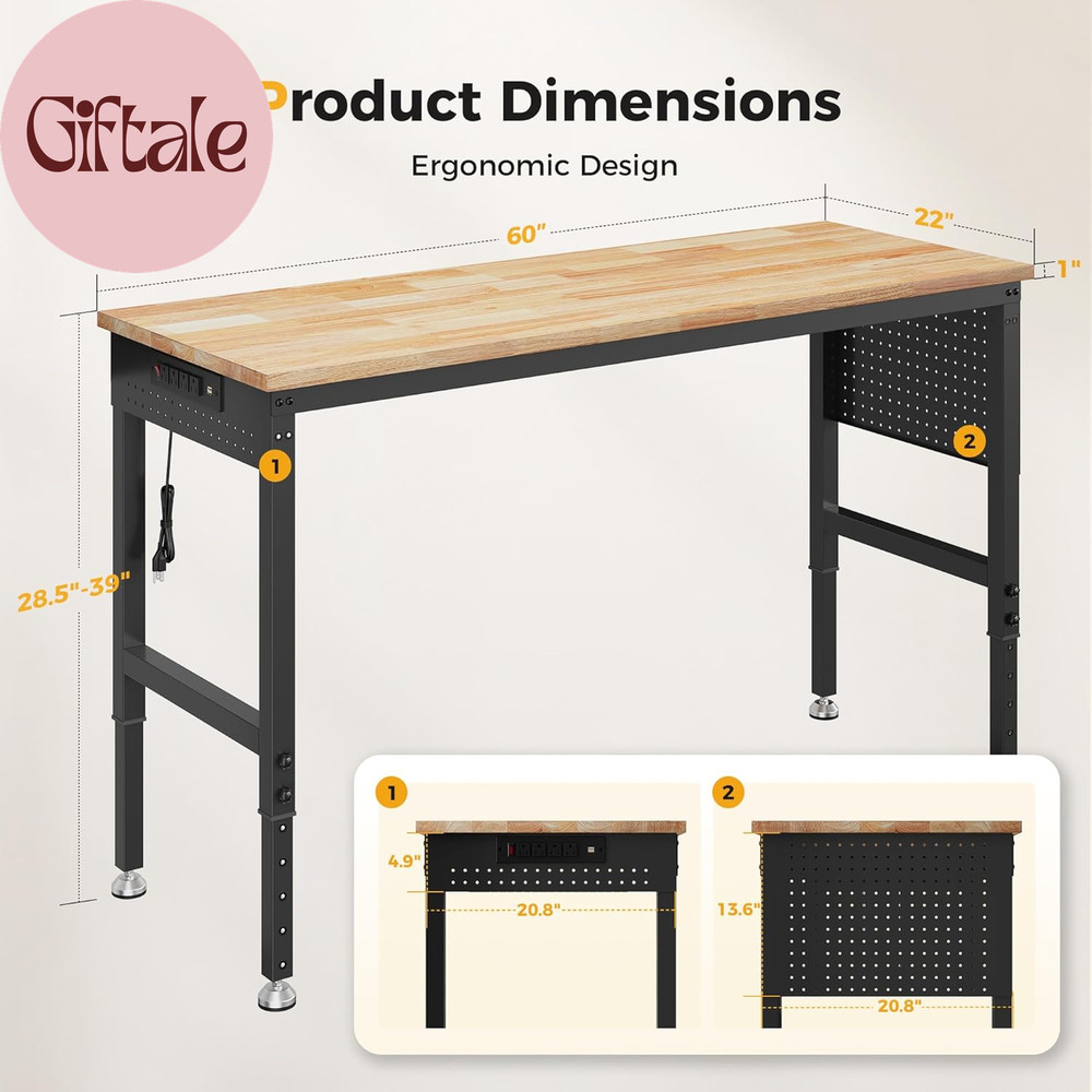 60" Adjustable Heavy Duty Workbench, 2000 LBS Load Capacity Rubber Wood Work Tab