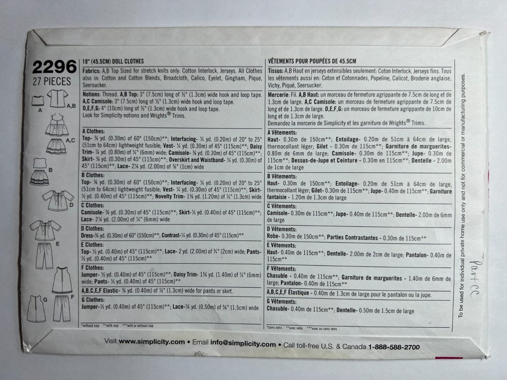 Simplicity Sewing Pattern 2296 18" Doll Clothes Partly Cut Complete