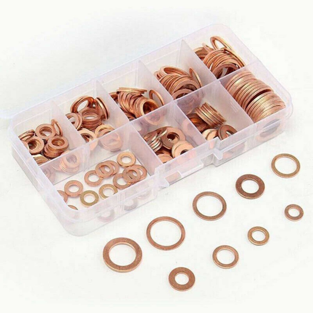 400Pcs Kit 9 Sizes Assorted Solid Copper Crush Washers Seal Flat Ring & Case