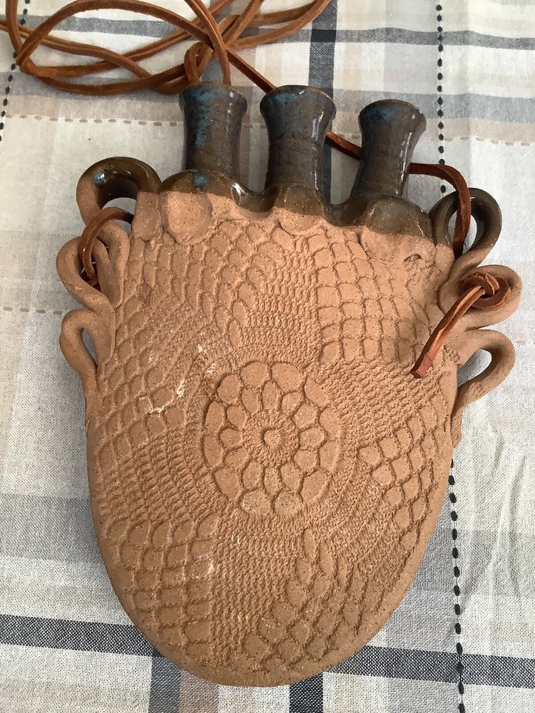 Handmade Pottery Wall Hanging Pocket Vase 3 Stems W/rawhide
