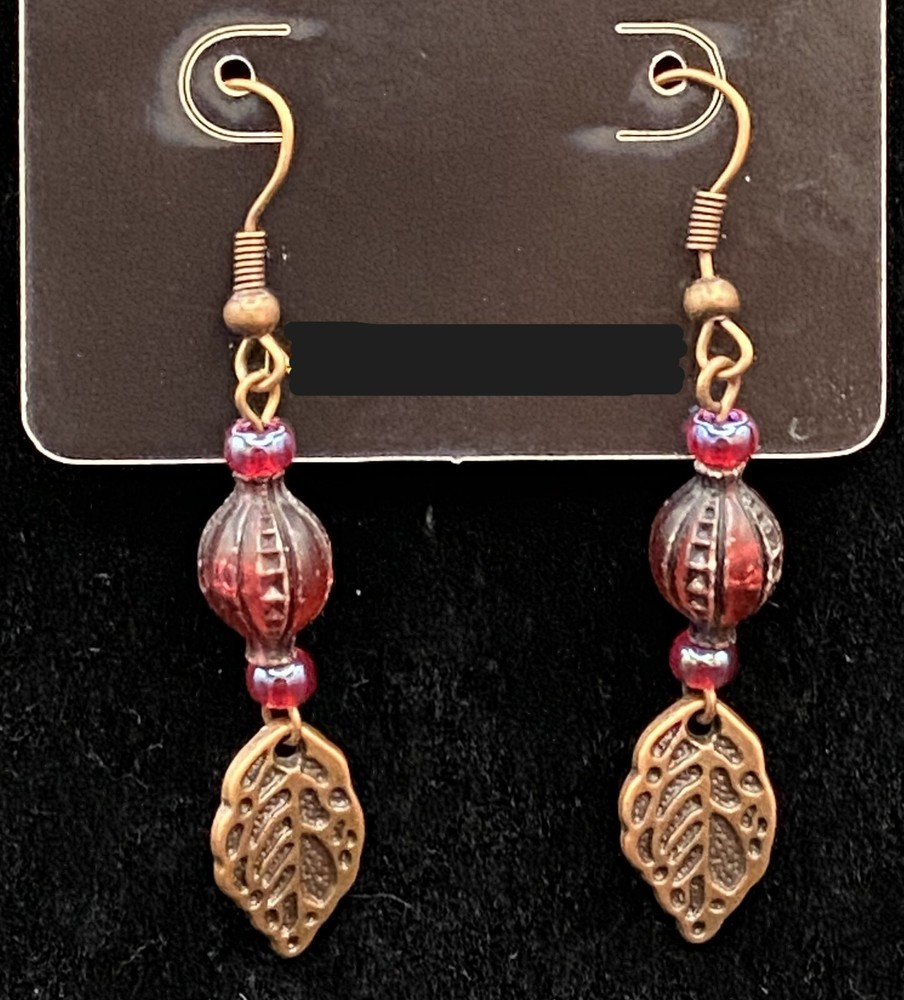 Handmade Aged Copper Tone Leaf & Red Bead Earrings by Neanie-Bot