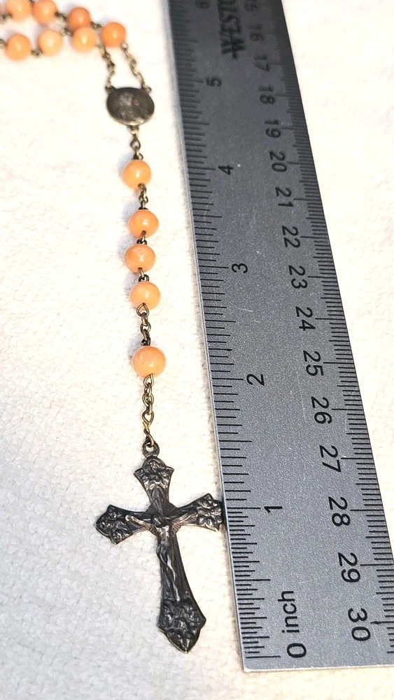 Antique French Rosary Real Angel Skin Coral Beads Silver Catholic Crucifix 22"