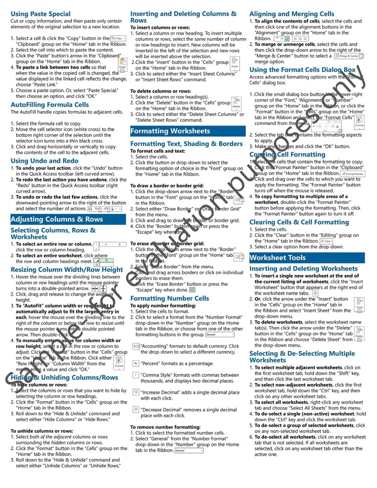 Excel 2013 Training Guide Quick Reference Card 4 Page Cheat Sheet Instructions