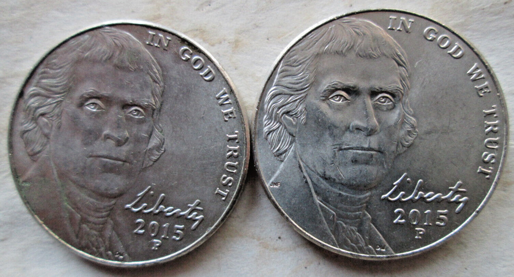 2015-P JEFFERSON, (2) REVERSE INTERIOR DIE BREAK ERRORS, XF/AU, CIRCULATED