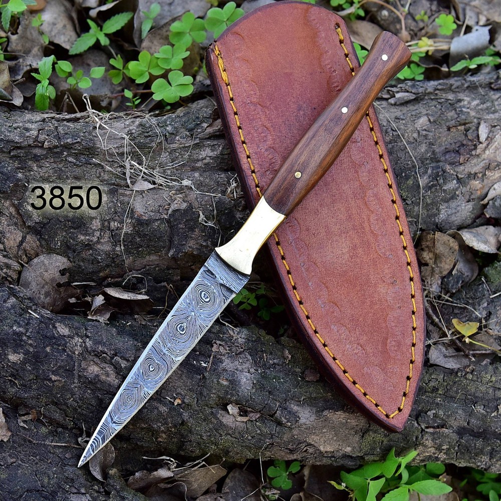 Damascus Double edged Dagger Fixed Blade Boot Knife Outdoor Hunting Throwing