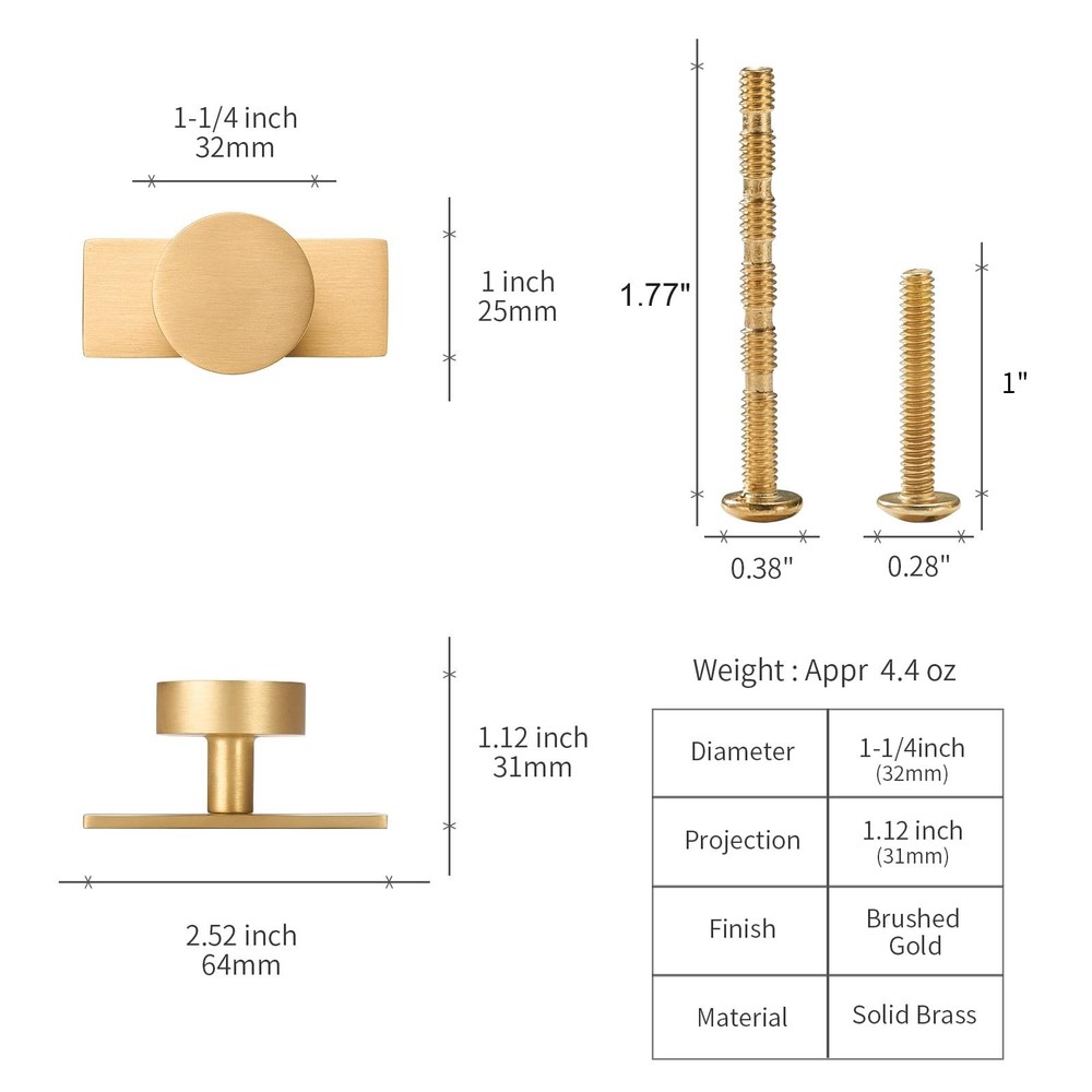 Brass Cabinet Knobs with Backplate - 2 Pack Modern Brushed Gold Hardware Hand...