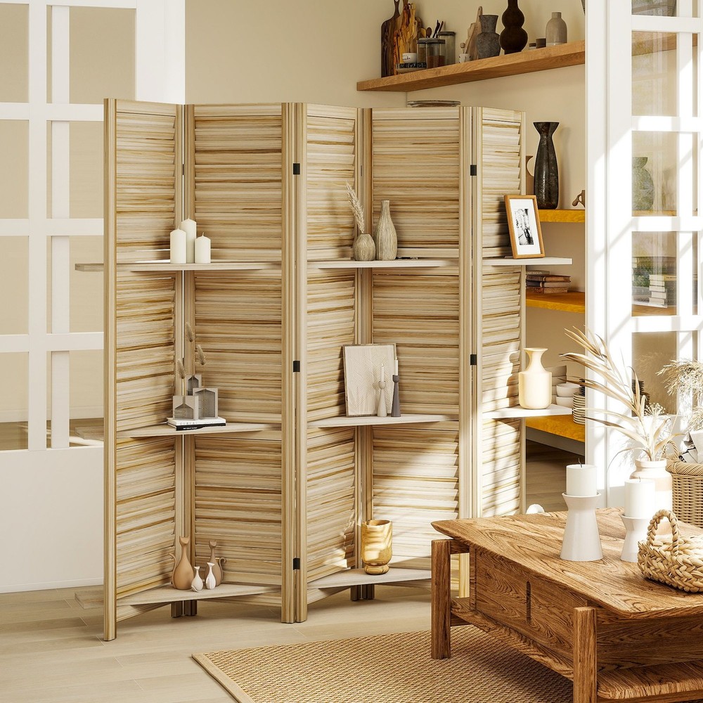 Wooden Privacy Screen 5 Panel 67H with 3 Shelves Foldable Base