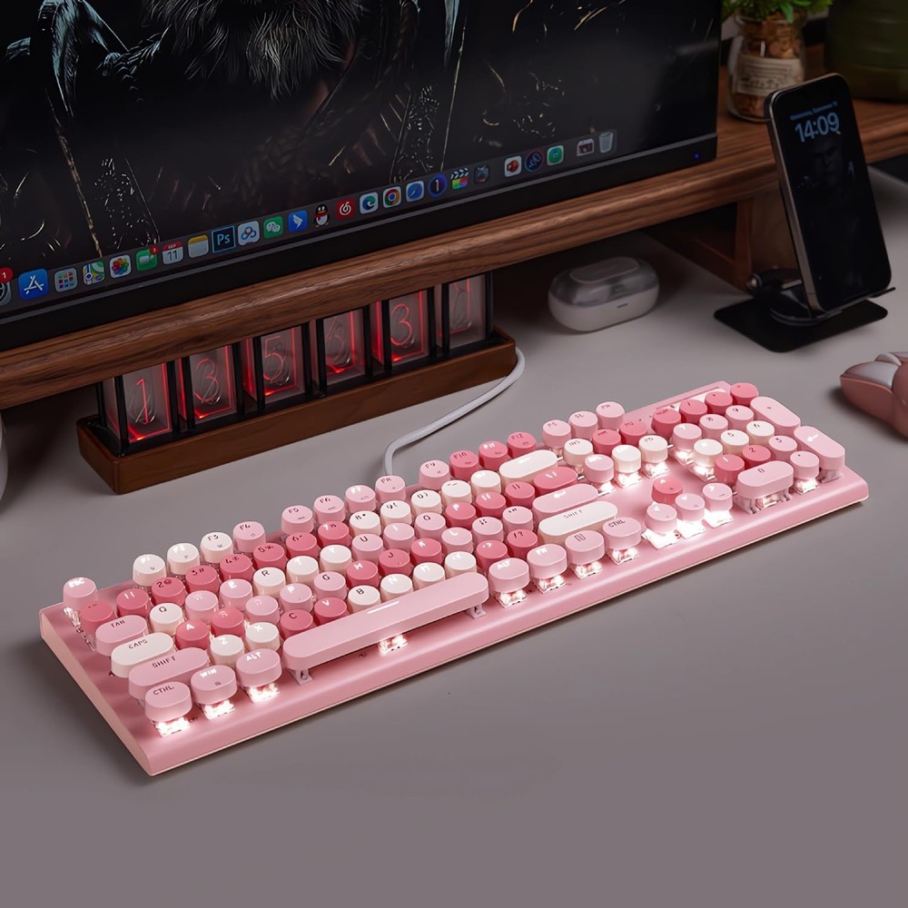 Cute Pink Keyboard Wired, with White Backlit Typewriter, Volume Knob, Light S...