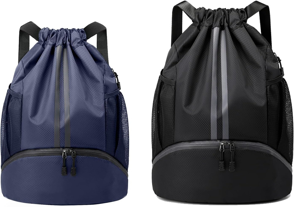 Large Black Gym Bag Bundle with Medium Navy Blue Sports Drawstring Backpack