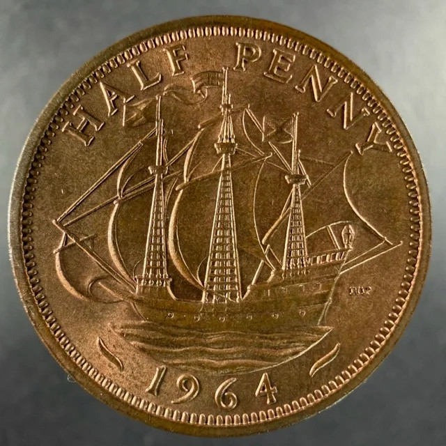 1964 Great Britain Half Penny Bronze Golden Hind Choice Example