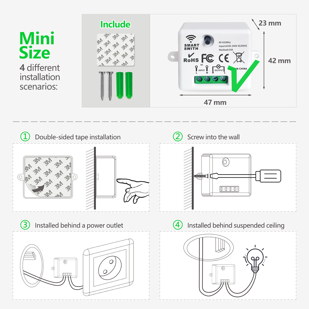 Wireless Smart Light Switch Relay Receiver 110V 220V Round Button Transmitter