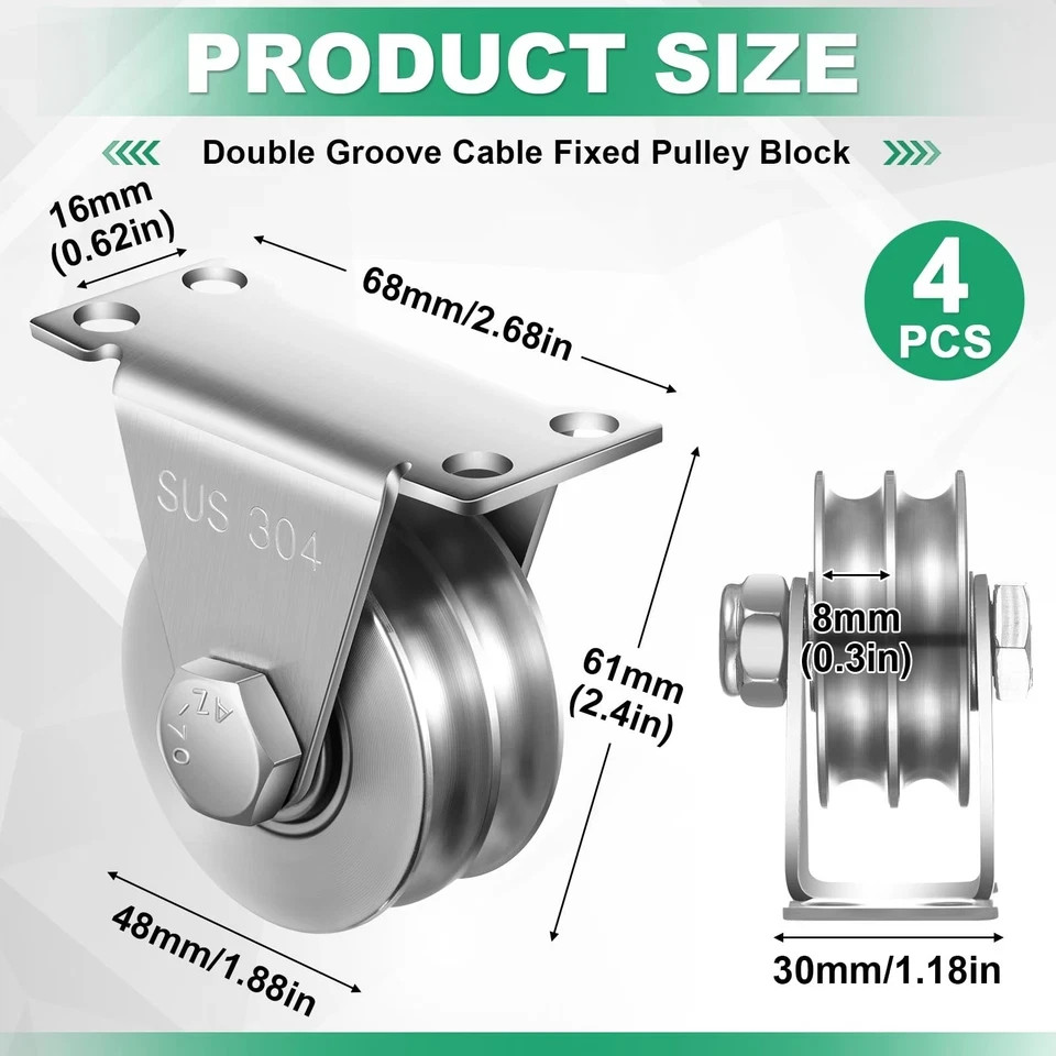 4 Pack Double Groove Cable Fixed Pulley Block Wall Mount Cable Wheel Pulley H...