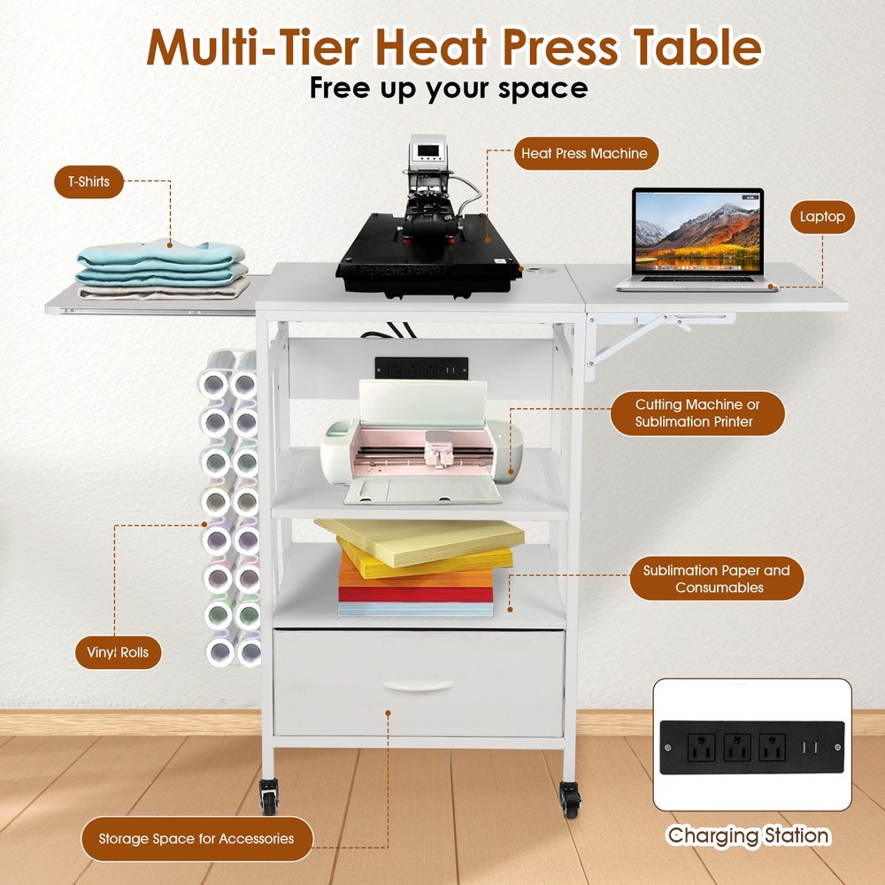 Movable Heat Press Table - 3 Tier Rolling Craft Table with Charging Station