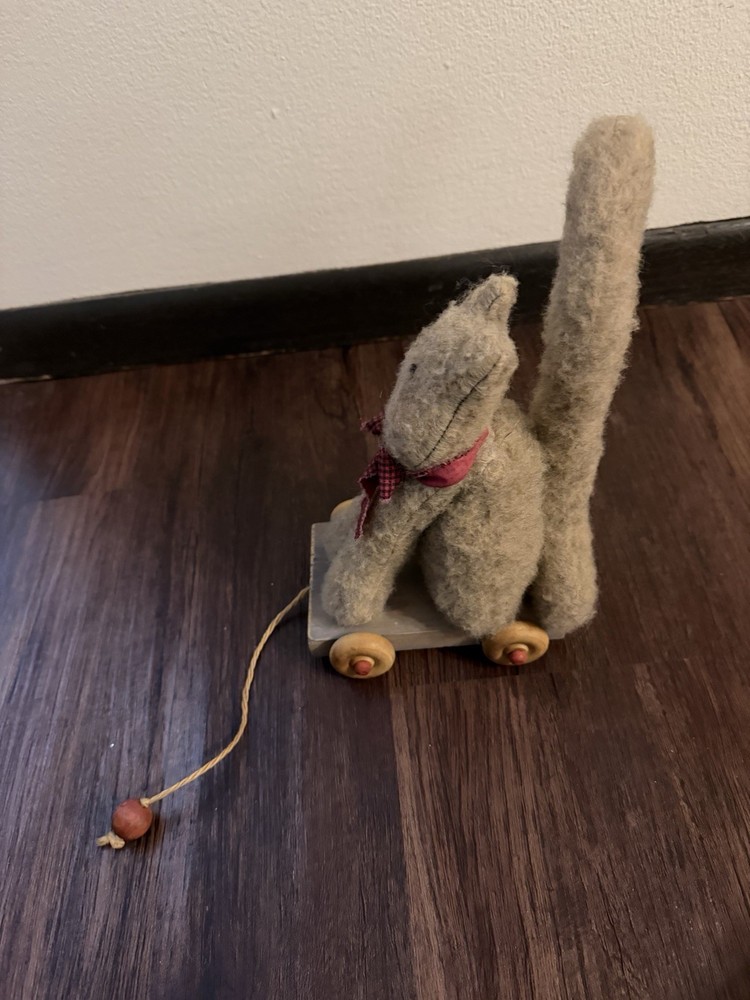 Stuffed Cat Pull Toy with Red Bow and Wheeled Base