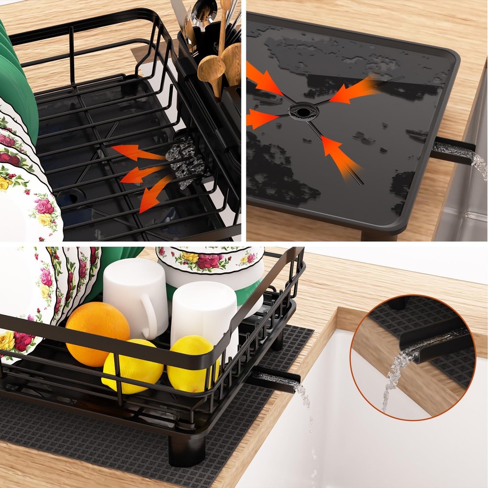 Dish Drying Rack, Dish Rack with Auto-Drain & Mat, Dish Drainers for Kitchen ...