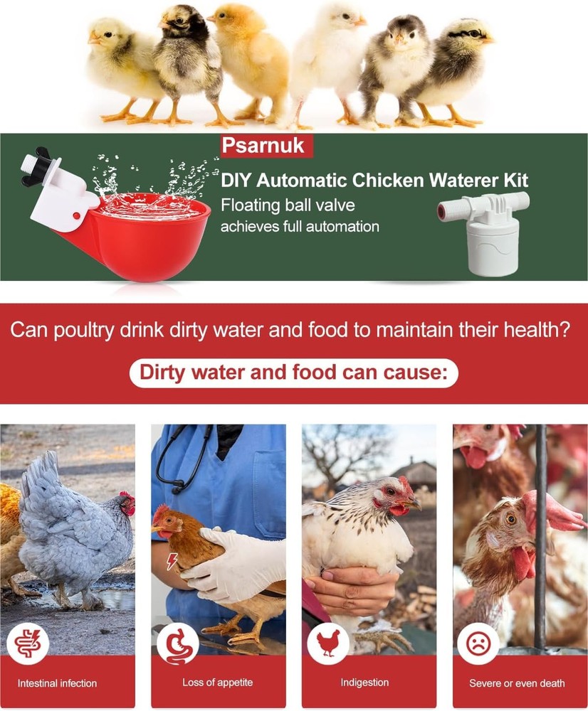 DIY Automatic Chicken Waterer Kit 4 Chicken Water Cups Float Valve Drill Bit 4