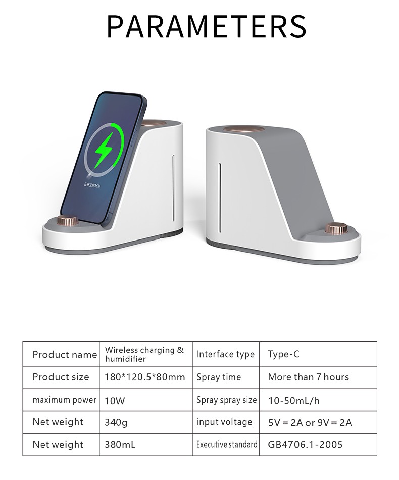Adjustable Spray Size Wireless Charging Humidifier Over Voltage Protection