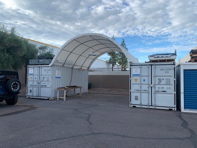 20x20 PVC Fabric conex container mounted shelter + High Cube Back Wall With Vent