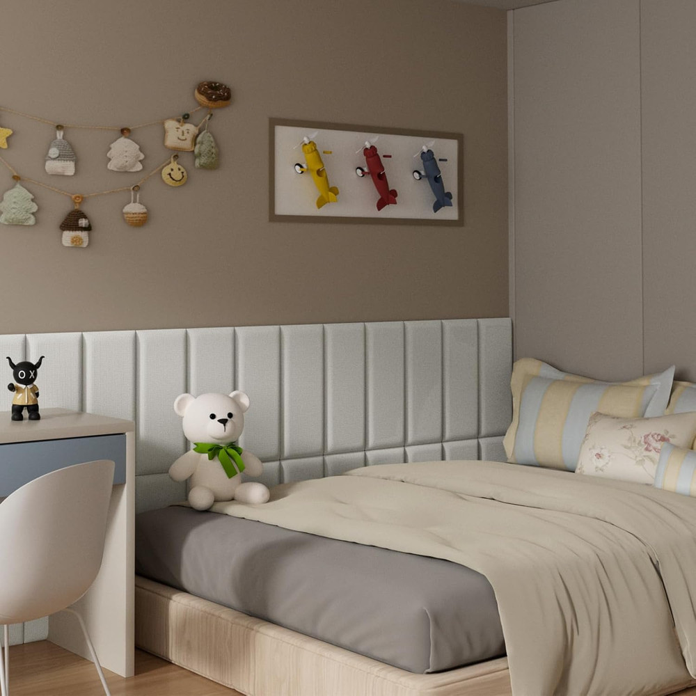 Upholstered Wall-Mounted Headboard, Acoustic Panel, Peel and Stick Padding, Beig