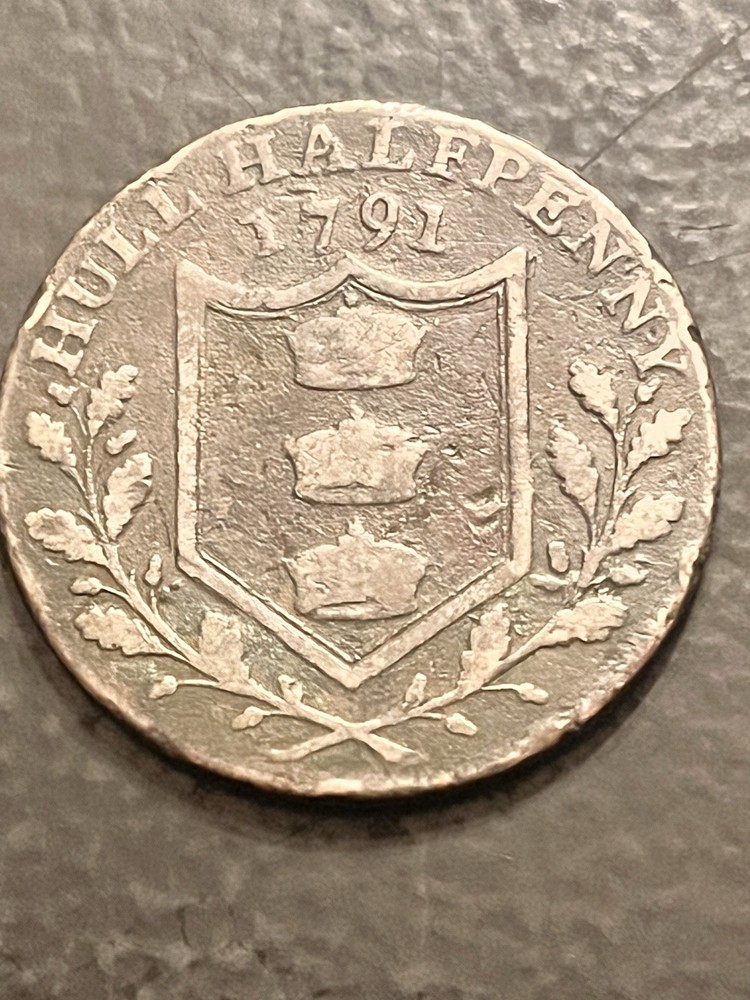 1791 Yorkshire-Hull copper halfpenny token, also known as a Conder token.