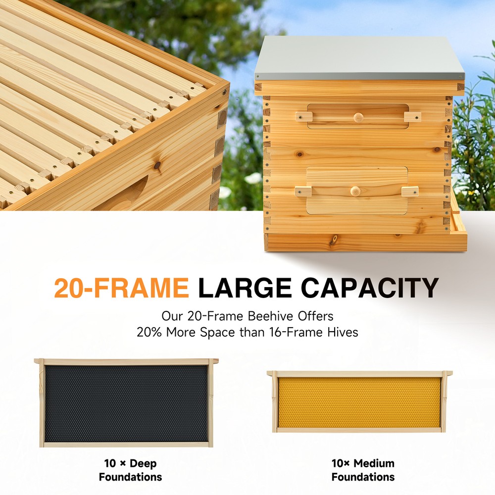 Beehive Frame BeeHive Box Kit W/ Beeswax Beekeeping 20 Frames 10 Deep+10 Medium