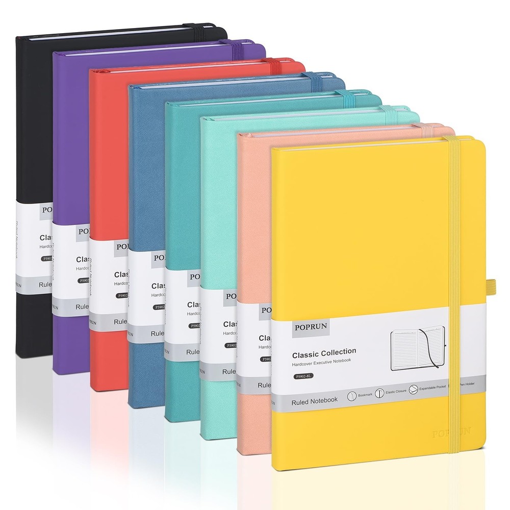 POPRUN A5 Lined Journal Notebooks, 8 Pack Leather Hardcover Thick Notebook fo...