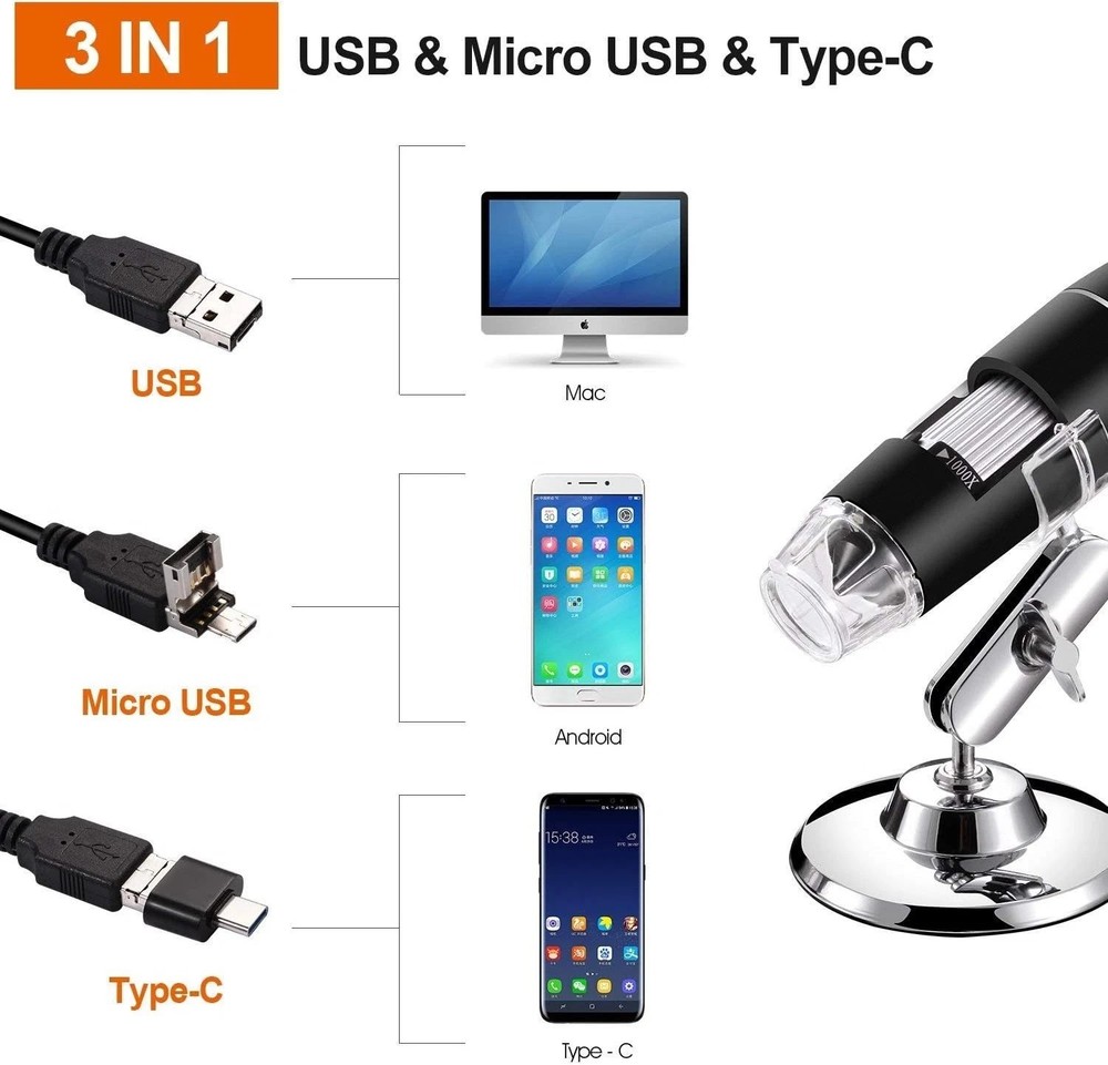 Portable 1000X USB Digital Microscope with Adjustable Lighting & Metal Stand