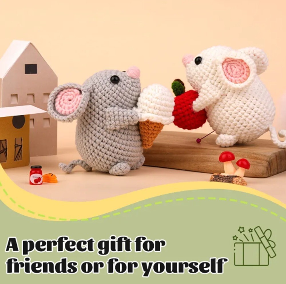 2‑Pack Beginners Crochet Kit w Hooks & Threaders–Cute Mouse DIY Yarn Starter Set