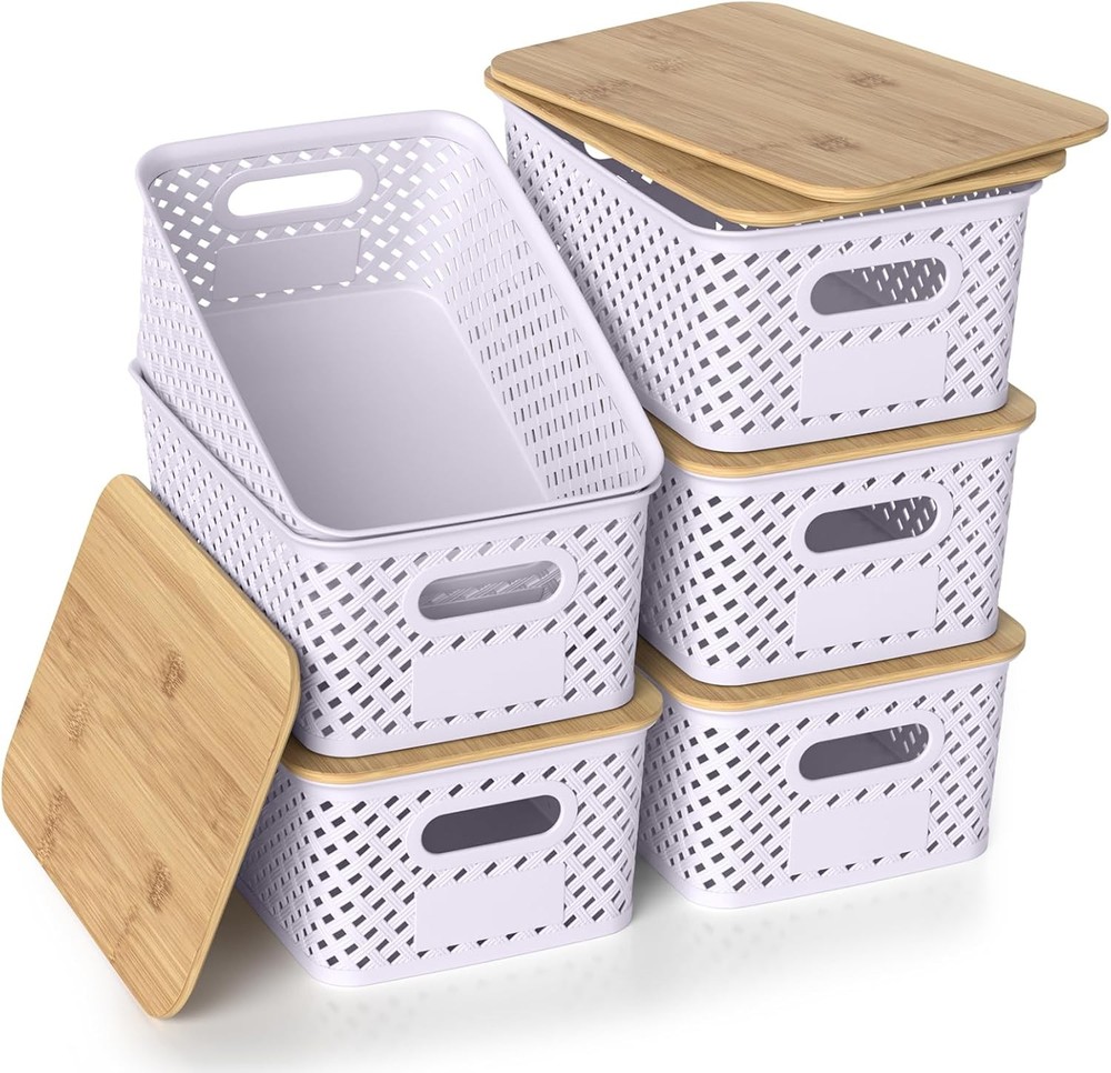 6 Pack Plastic Storage Bins W/ Bamboo Lids Stackable Small Box Baskets Container