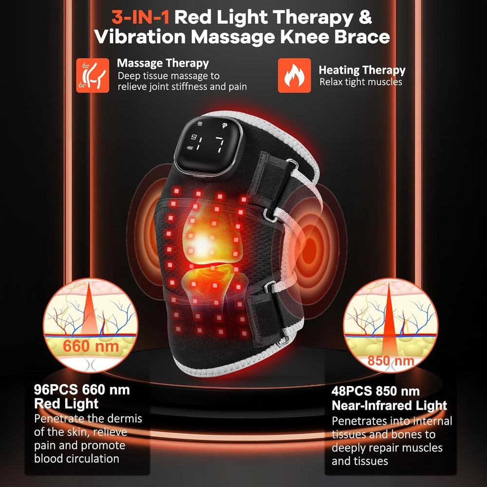 Red Light Therapy & Vibration Massage Knee Brace - Wireless Rechargeable Control
