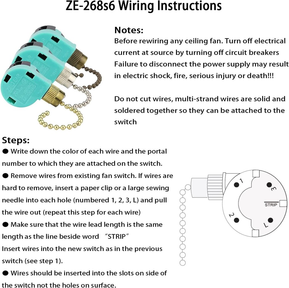 Zing Ear ZE-268S6 Ceiling Fan Pull Chain Switch 3-Speed 4-Wire Bronze