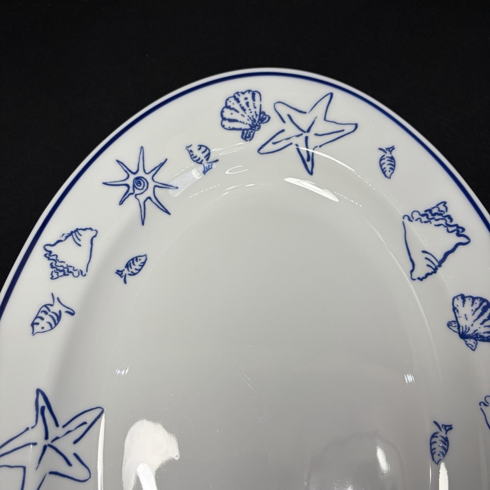 Serving Platter Elliot Bay Pattern White With Blue Seashell Fish & Trim 15”