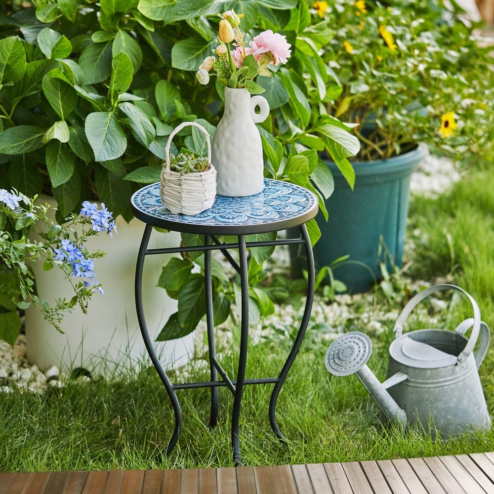 Mosaic Side Table and Plant Stand, 21" Round End Table with 14" Ceramic Tile ...