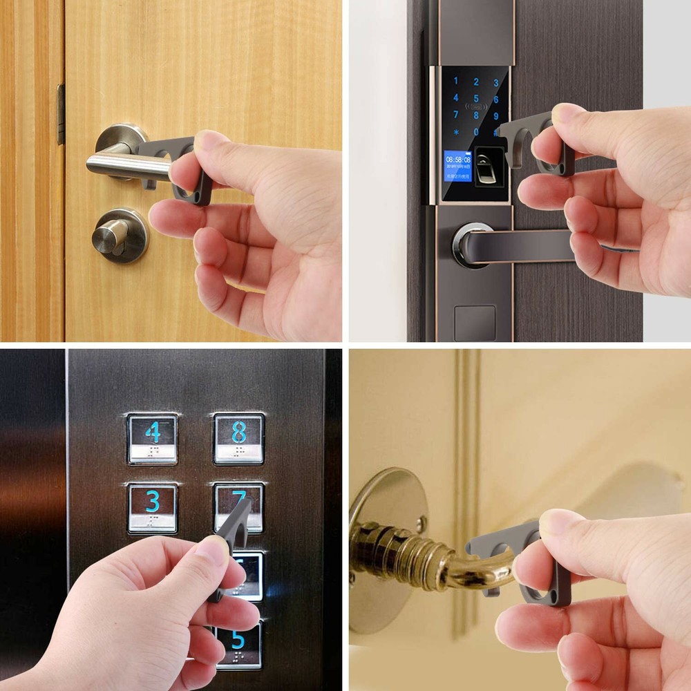 Contactless Brass Door Opener W/ Retractable Pull Reel Stepnpull Keychain BLACK