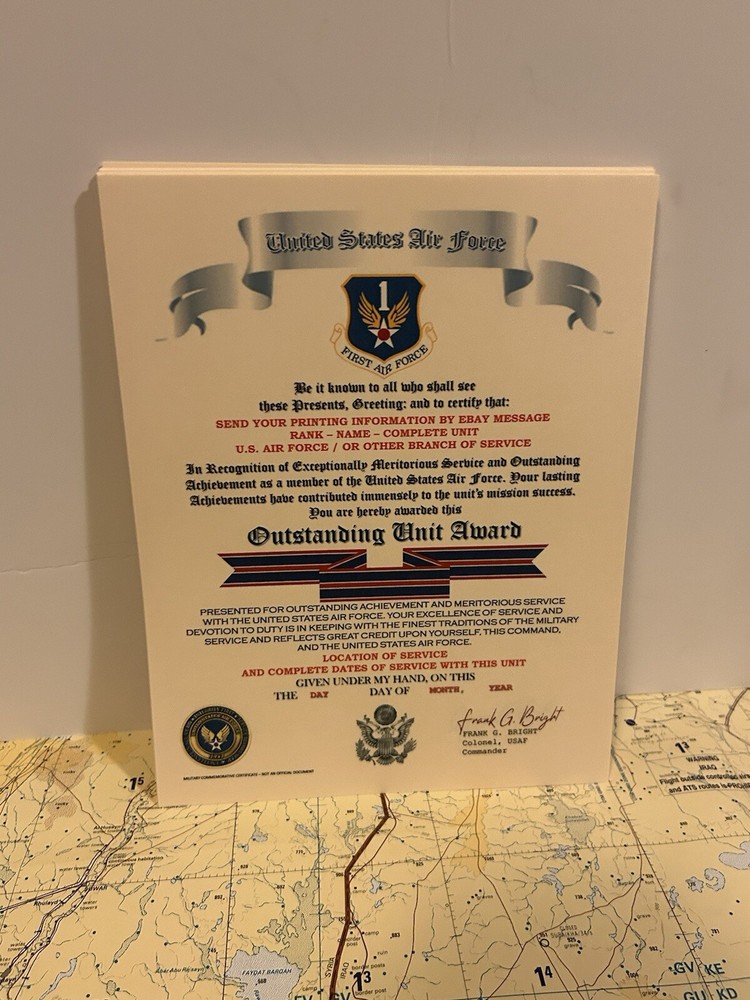 U.S. AIR FORCE / FIRST AIR FORCE - OUTSTANDING UNIT AWARD CERTIFICATE