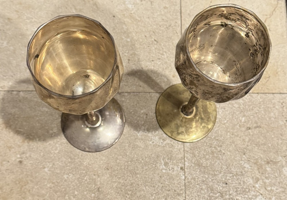 Pair (2) of Silver Plated Long Stem Wine Goblets Decor
