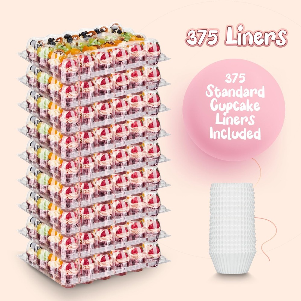 (24 Pack x 15 Sets) Mini Cupcake Containers with 375 Pack Cupcakes Liners, Pl...