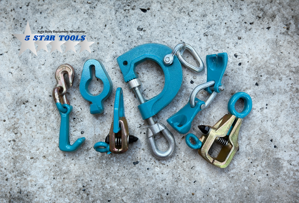 NEW 6pc Auto Body Frame Machine Pulling Puller Chain & Clamps Set w/ Hooks