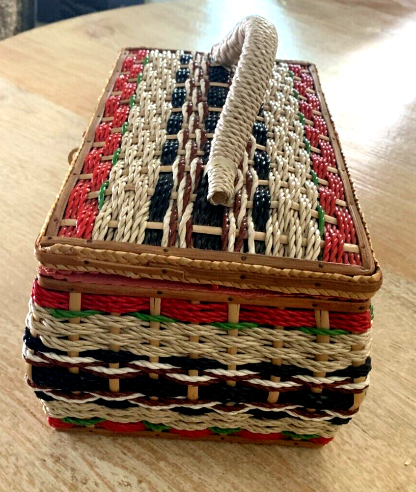 Vintage SEWING BOX Bright Plastic Wicker Mending Kit w/ Silk Lining, Horn Clasp